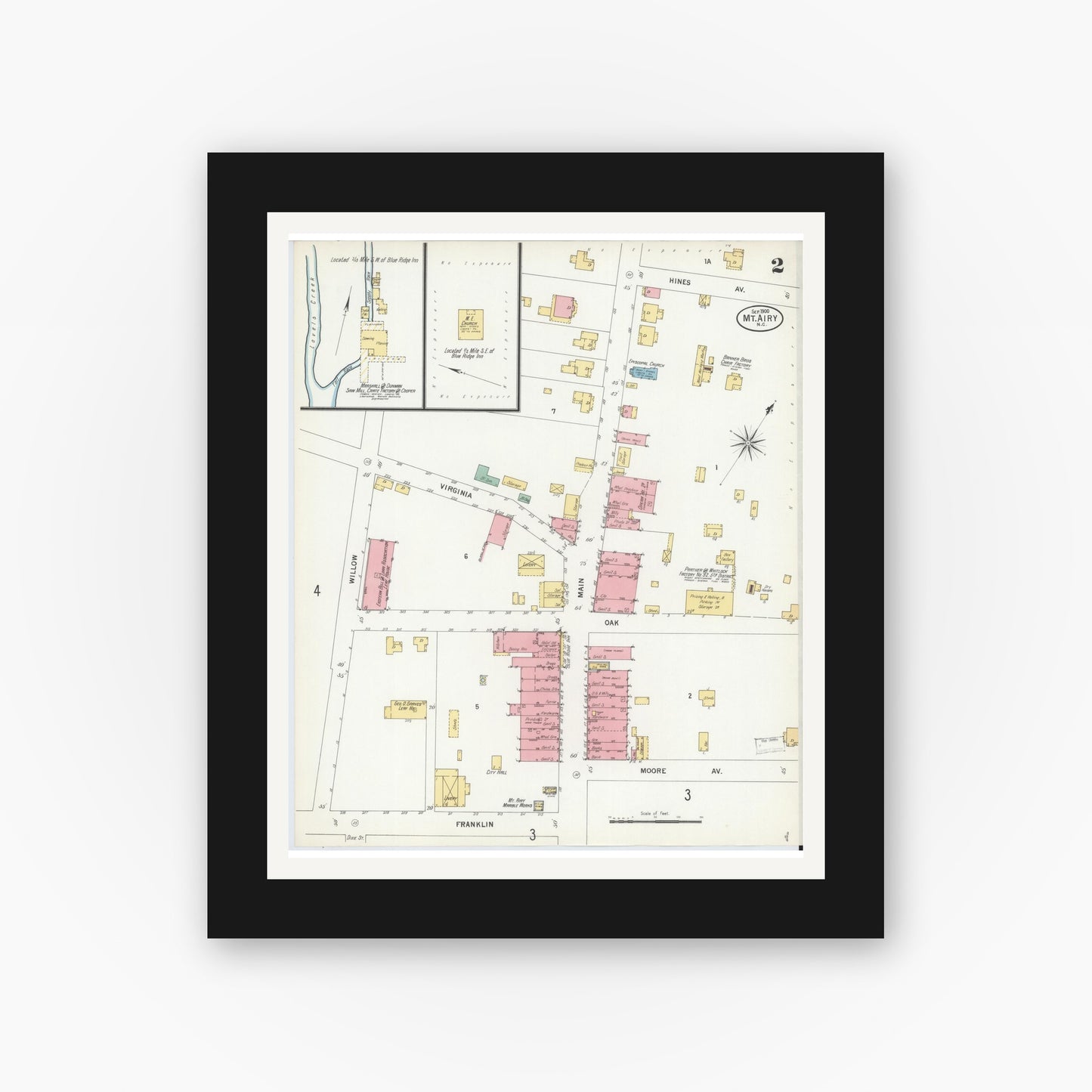 Old map wall art mockup — black gallery frame with white mat — Sanborn Fire Insurance Map from Mount Airy, Surry County, North Carolina (1900), Sheet #0002