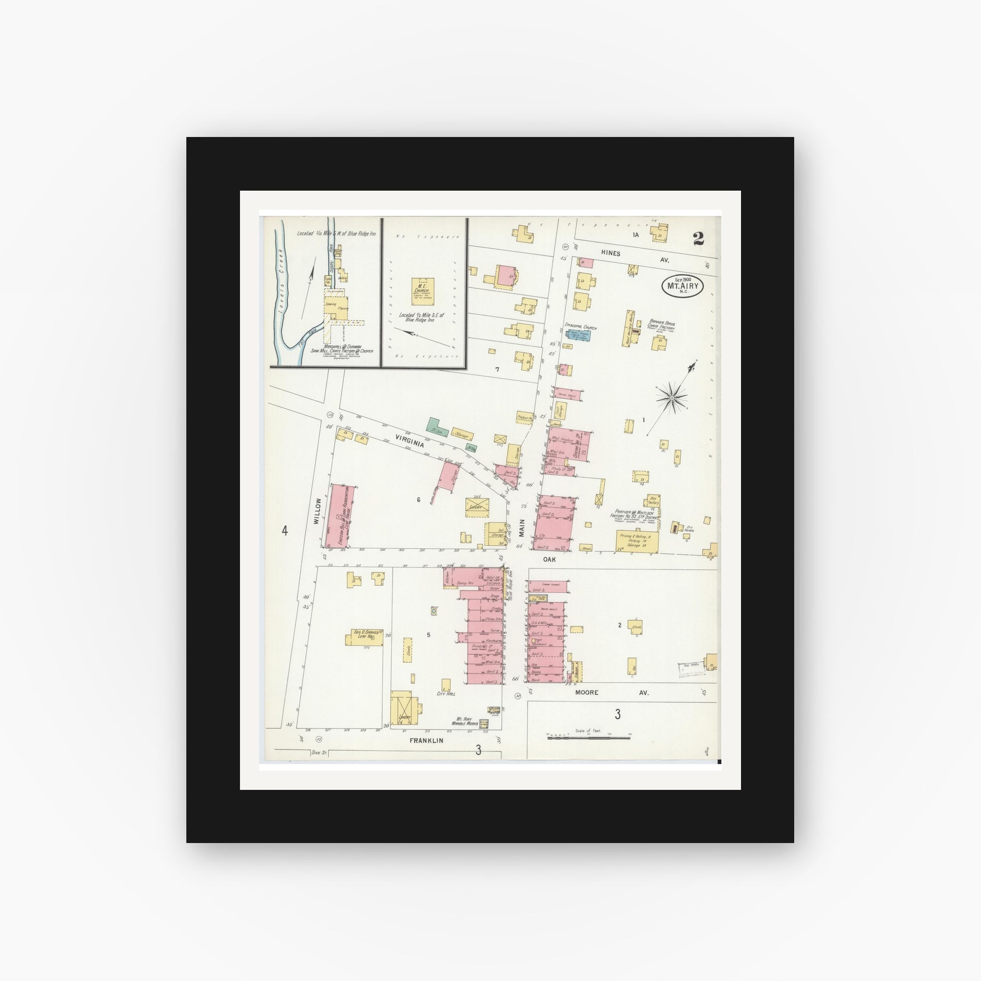 Old map wall art mockup — black gallery frame with white mat — Sanborn Fire Insurance Map from Mount Airy, Surry County, North Carolina (1900), Sheet #0002
