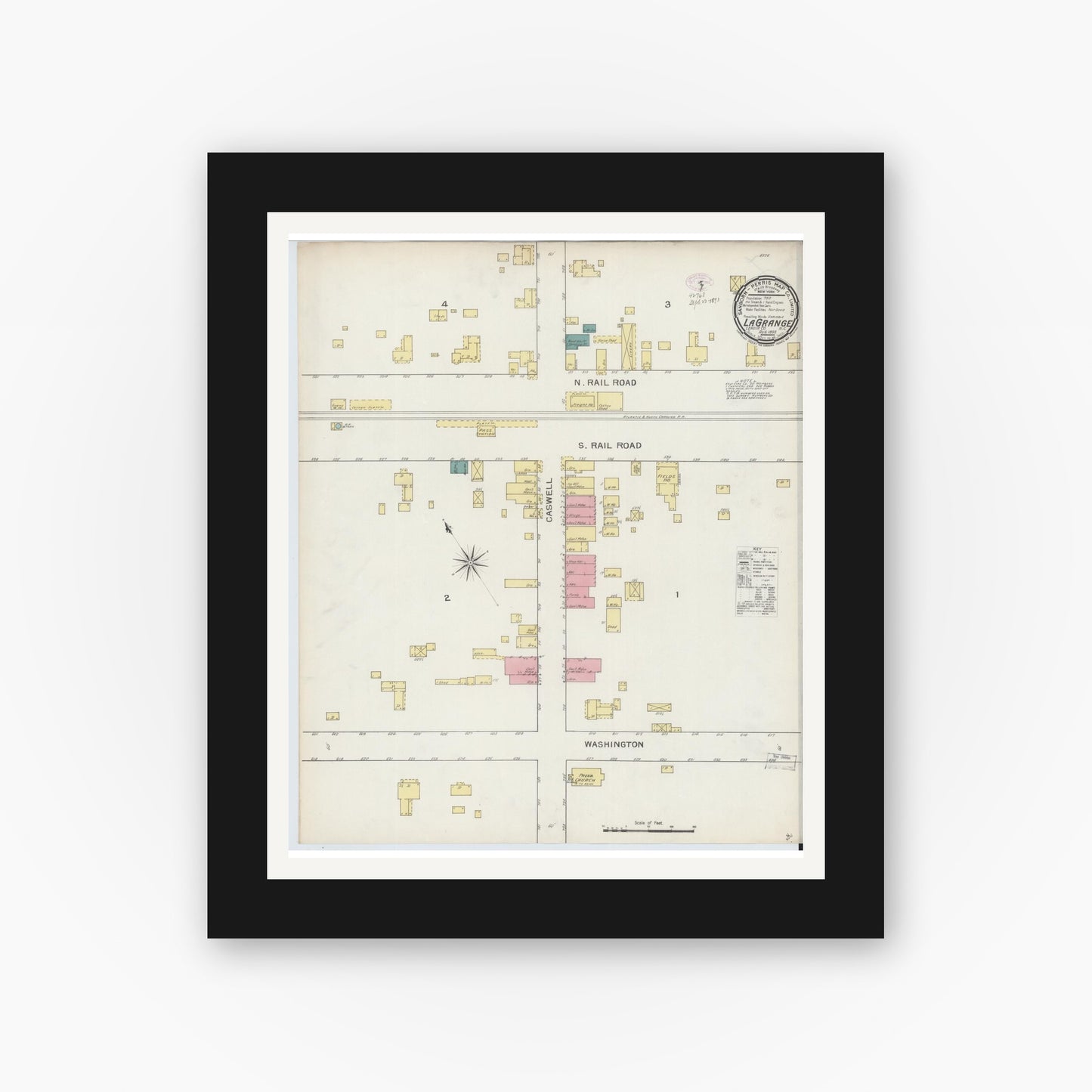 Old map wall art mockup — black gallery frame with white mat — Sanborn Fire Insurance Map from La Grange, Lenoir County, North Carolina (1893), Sheet #0001
