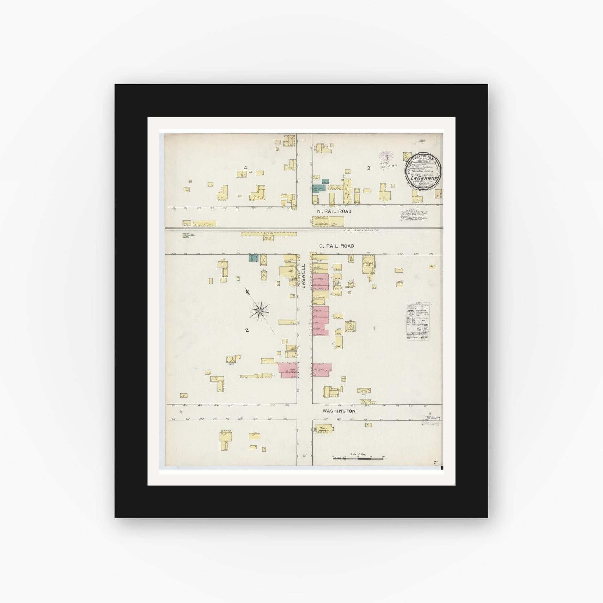 Old map wall art mockup — black gallery frame with white mat — Sanborn Fire Insurance Map from La Grange, Lenoir County, North Carolina (1893), Sheet #0001
