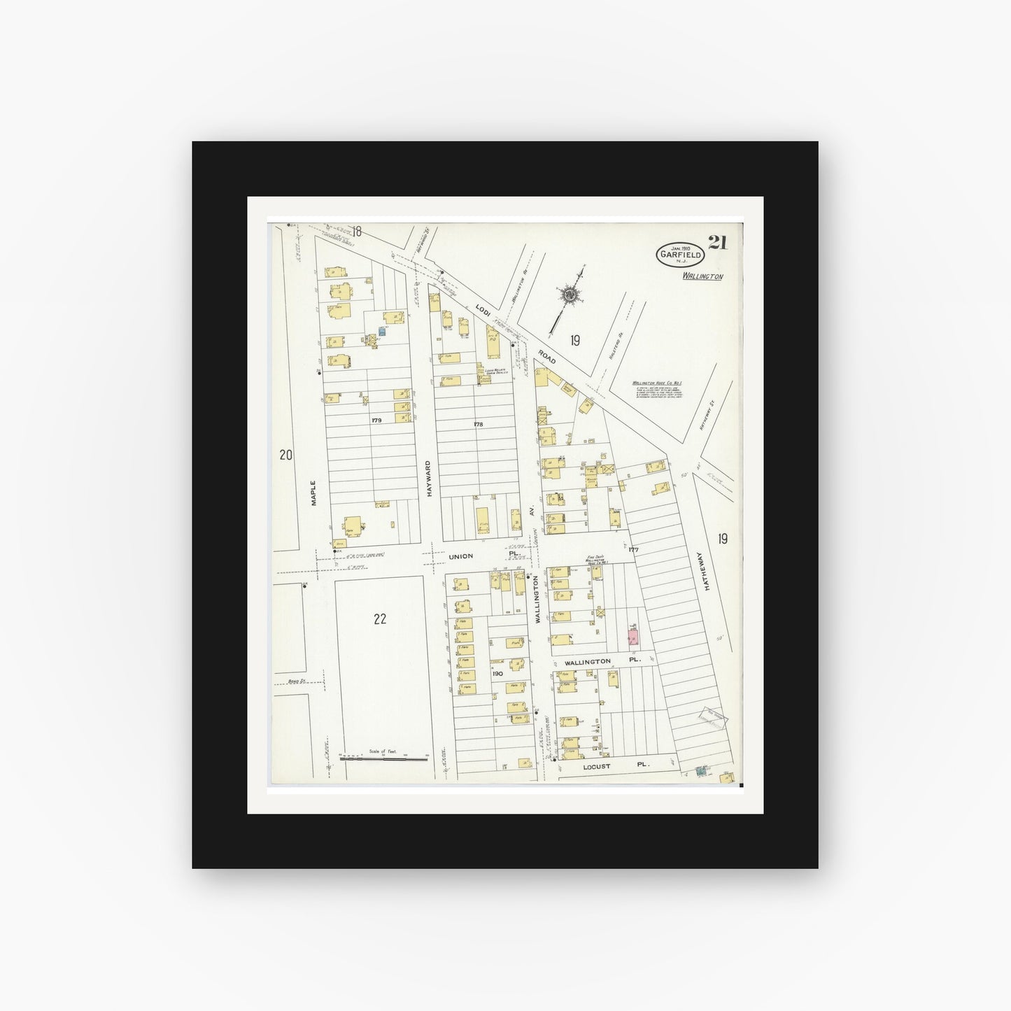 Old map wall art mockup — black gallery frame with white mat — Sanborn Fire Insurance Map from Garfield, Bergen County, New Jersey (1910), Sheet #0021