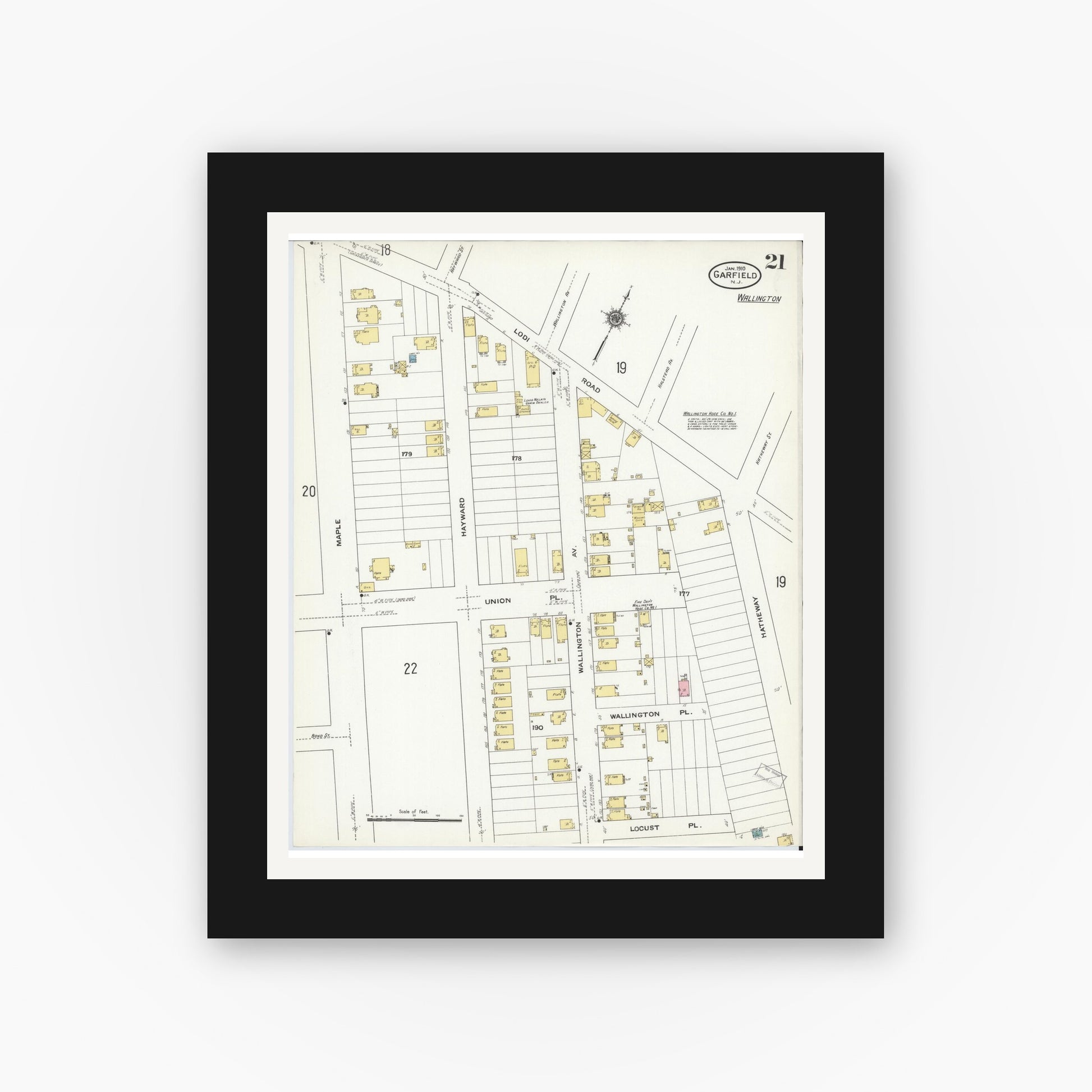 Old map wall art mockup — black gallery frame with white mat — Sanborn Fire Insurance Map from Garfield, Bergen County, New Jersey (1910), Sheet #0021