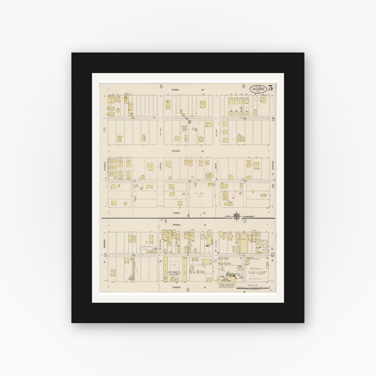 Old map wall art mockup — black gallery frame with white mat — Sanborn Fire Insurance Map from Calexico, Imperial County, California (1920), Sheet #0005