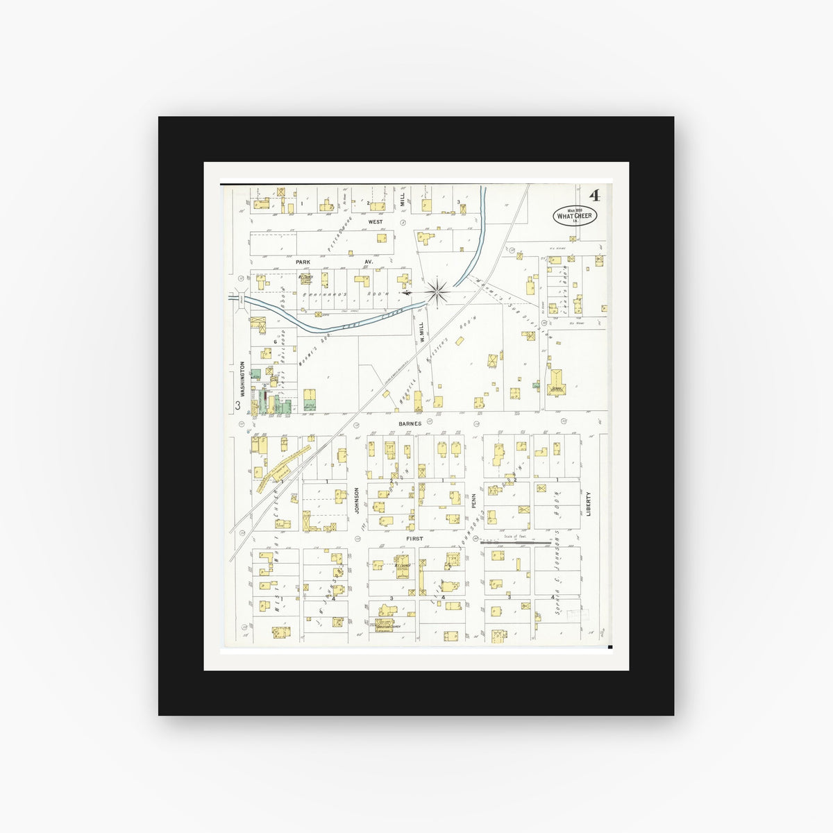 Old map wall art mockup — black gallery frame with white mat — Sanborn Fire Insurance Map from What Cheer, Keokuk County, Iowa (1899), Sheet #0004