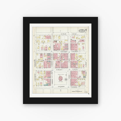 Old map wall art mockup — black gallery frame with white mat — Sanborn Fire Insurance Map from Kokomo, Howard County, Indiana (1892), Sheet #0004