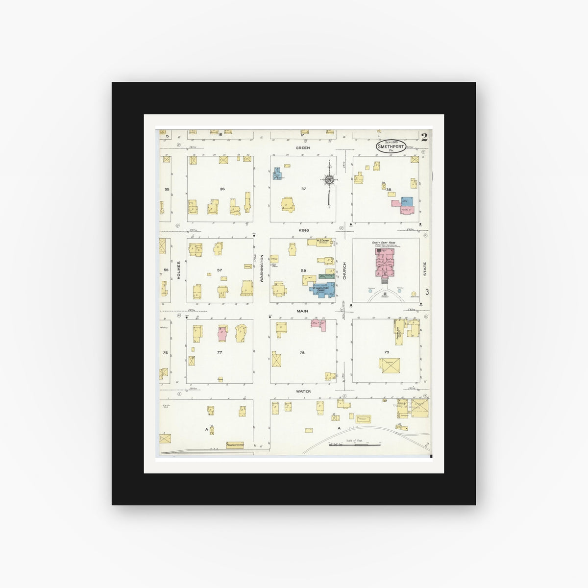 Old map wall art mockup — black gallery frame with white mat — Sanborn Fire Insurance Map from Smethport, McKean County, Pennsylvania (1909), Sheet #0002