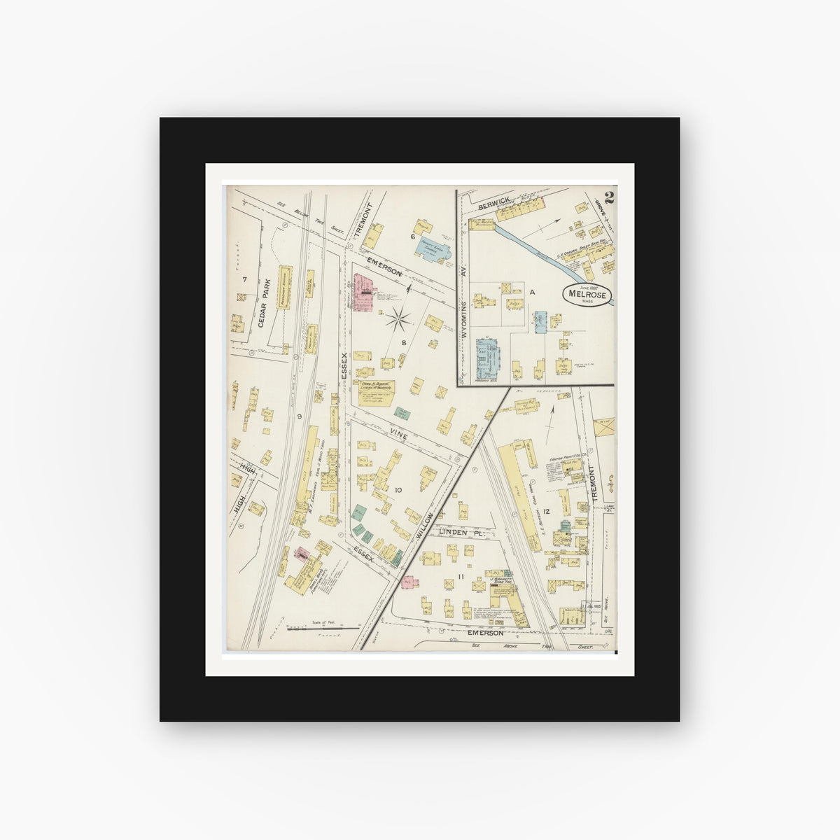 Old map wall art mockup — black gallery frame with white mat — Sanborn Fire Insurance Map from Melrose, Middlesex County, Massachusetts (1887), Sheet #0002