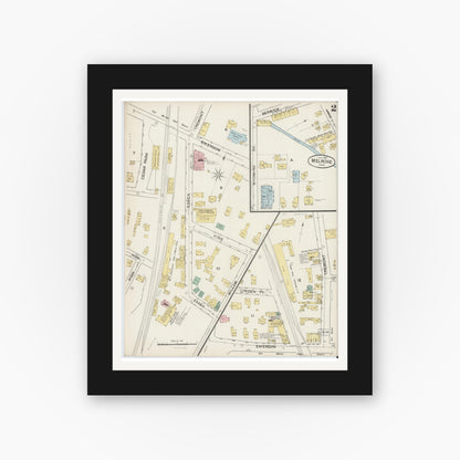 Old map wall art mockup — black gallery frame with white mat — Sanborn Fire Insurance Map from Melrose, Middlesex County, Massachusetts (1887), Sheet #0002