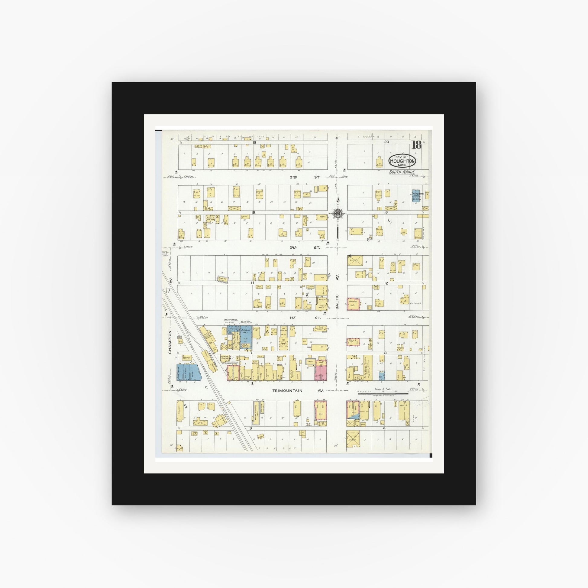 Old map wall art mockup — black gallery frame with white mat — Sanborn Fire Insurance Map from Houghton, Houghton County, Michigan (1917), Sheet #0018