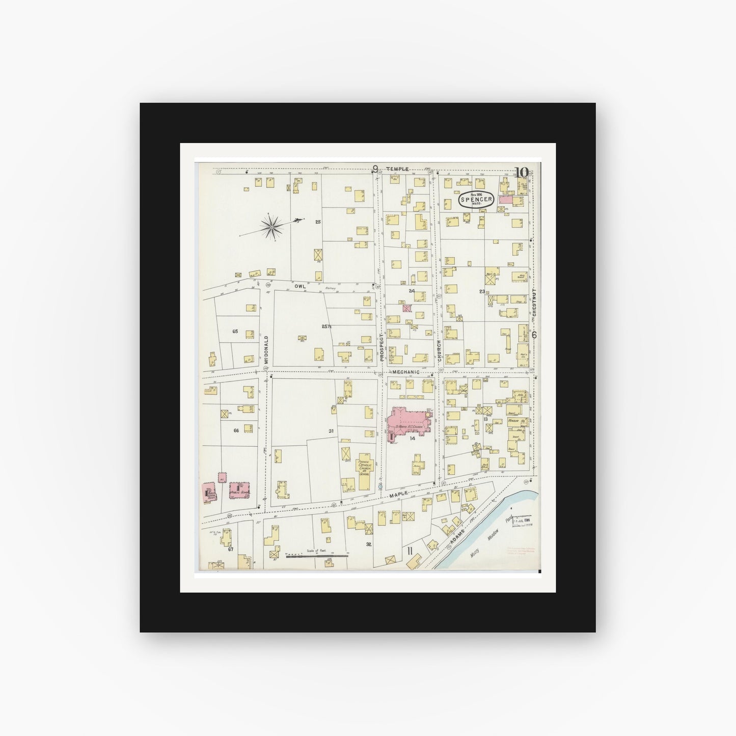Old map wall art mockup — black gallery frame with white mat — Sanborn Fire Insurance Map from Spencer, Worcester County, Massachusetts (1896), Sheet #0010