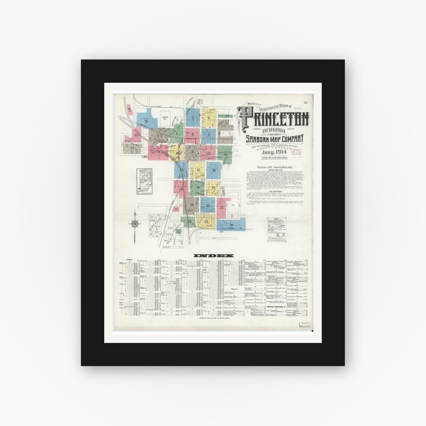 Old map wall art mockup — black gallery frame with white mat — Sanborn Fire Insurance Map from Princeton, Gibson County, Indiana (1914) - Complete Map Set