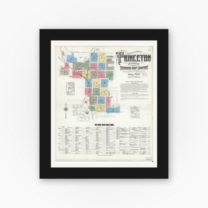 Old map wall art mockup — black gallery frame with white mat — Sanborn Fire Insurance Map from Princeton, Gibson County, Indiana (1914) - Complete Map Set
