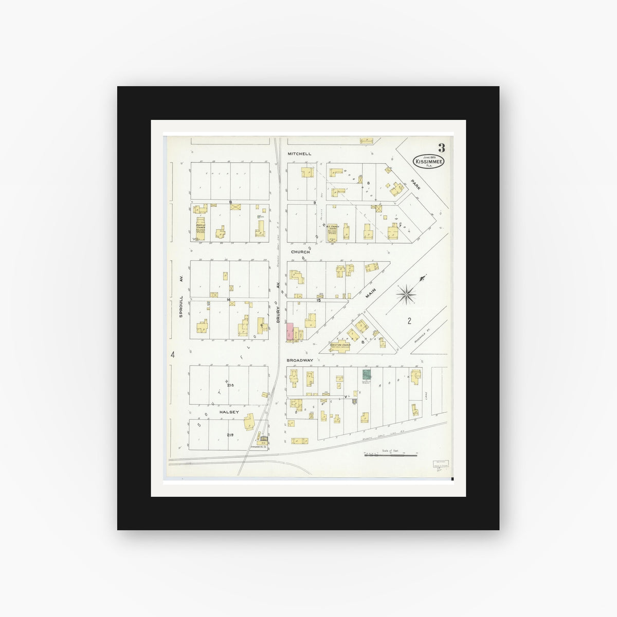 Old map wall art mockup — black gallery frame with white mat — Sanborn Fire Insurance Map from Kissimmee, Osceola County, Florida (1909), Sheet #0003