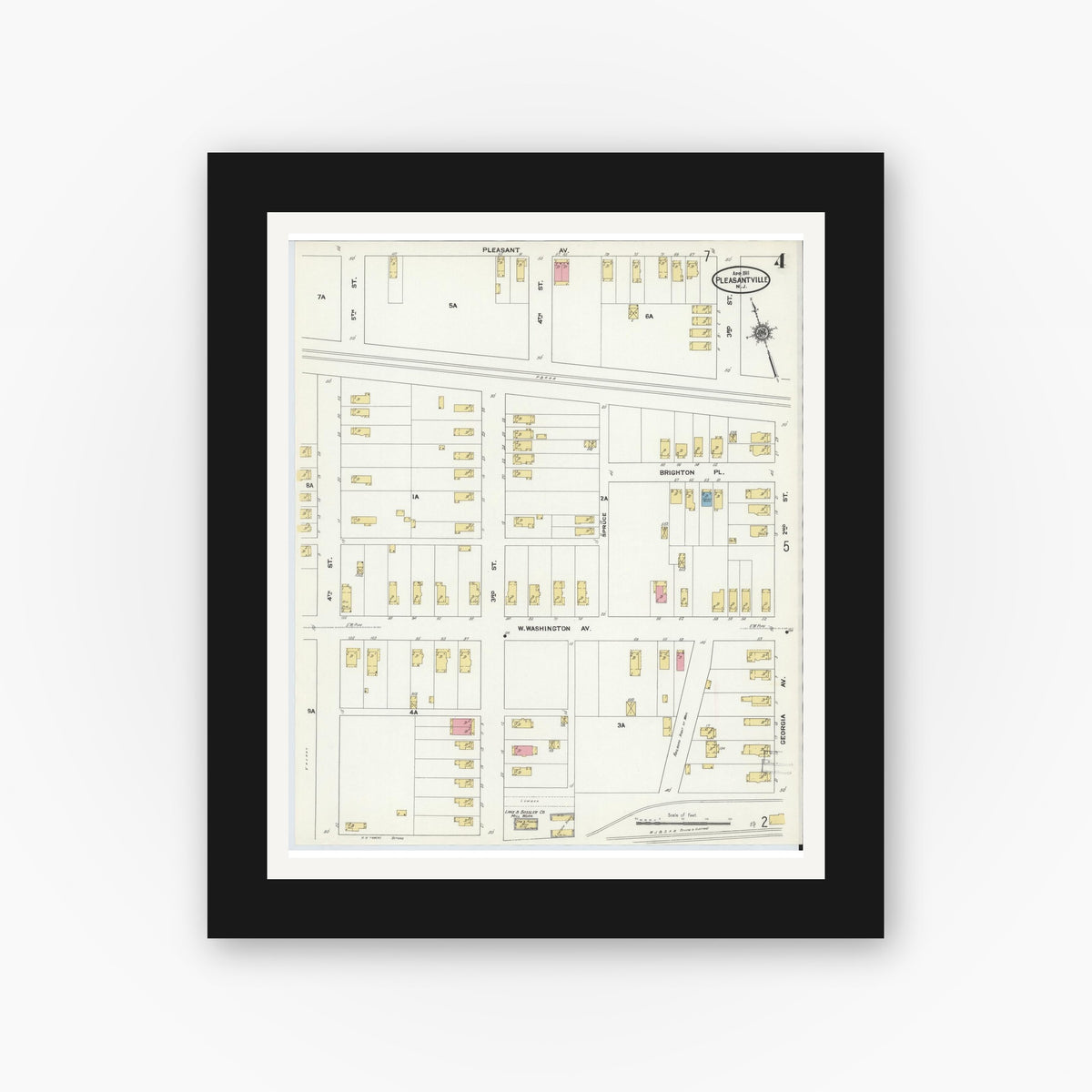 Old map wall art mockup — black gallery frame with white mat — Sanborn Fire Insurance Map from Pleasantville, Atlantic County, New Jersey (1911), Sheet #0004