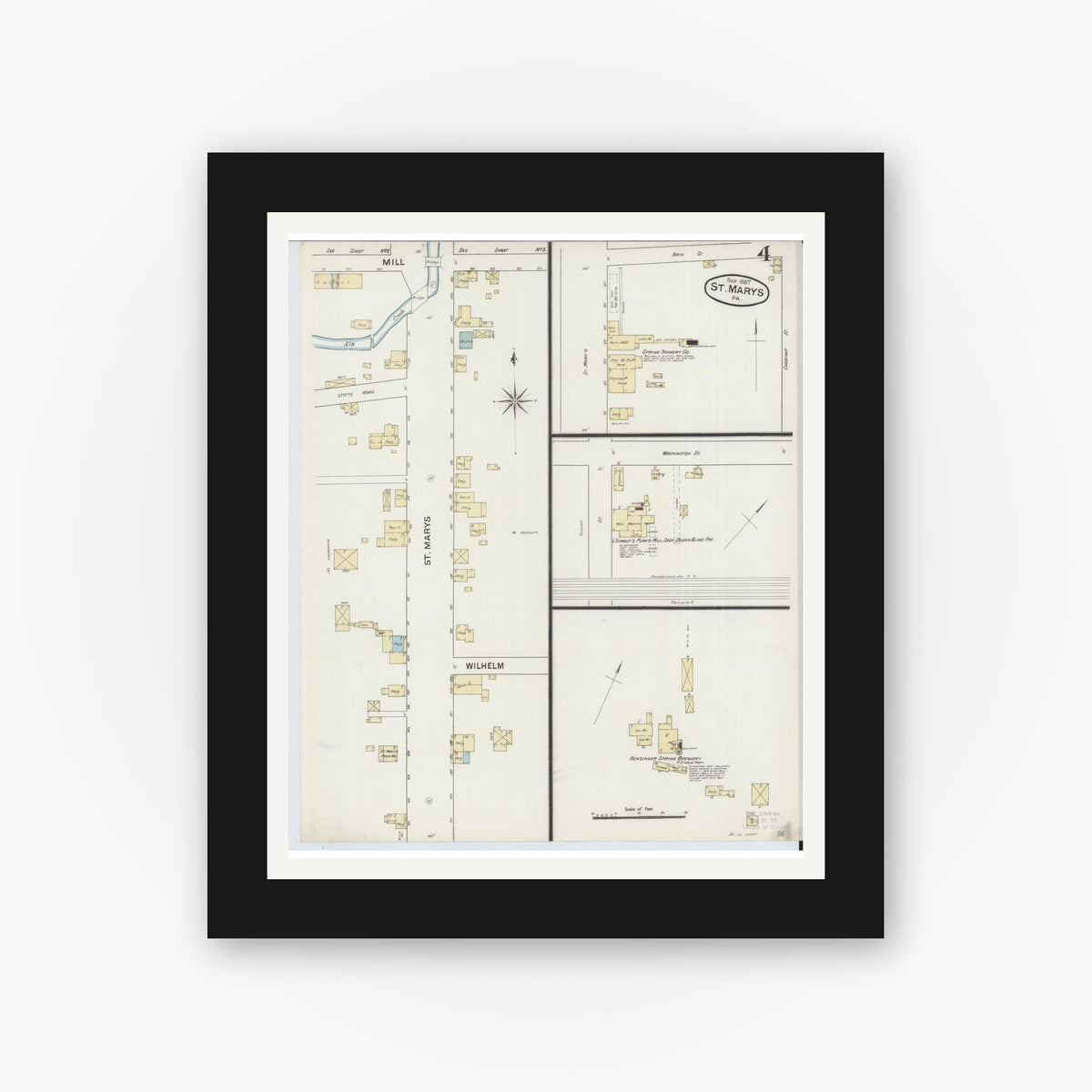 Old map wall art mockup — black gallery frame with white mat — Sanborn Fire Insurance Map from Saint Marys, Elk County, Pennsylvania (1887), Sheet #0004
