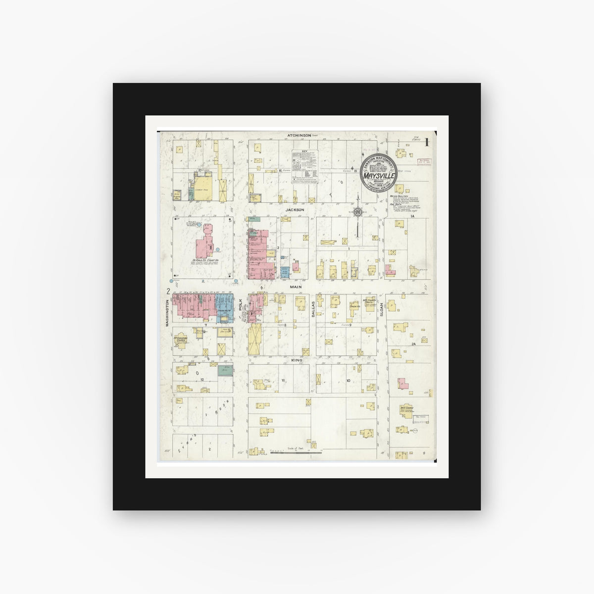 Old map wall art mockup — black gallery frame with white mat — Sanborn Fire Insurance Map from Maysville, DeKalb County, Missouri (1909), Sheet #0001