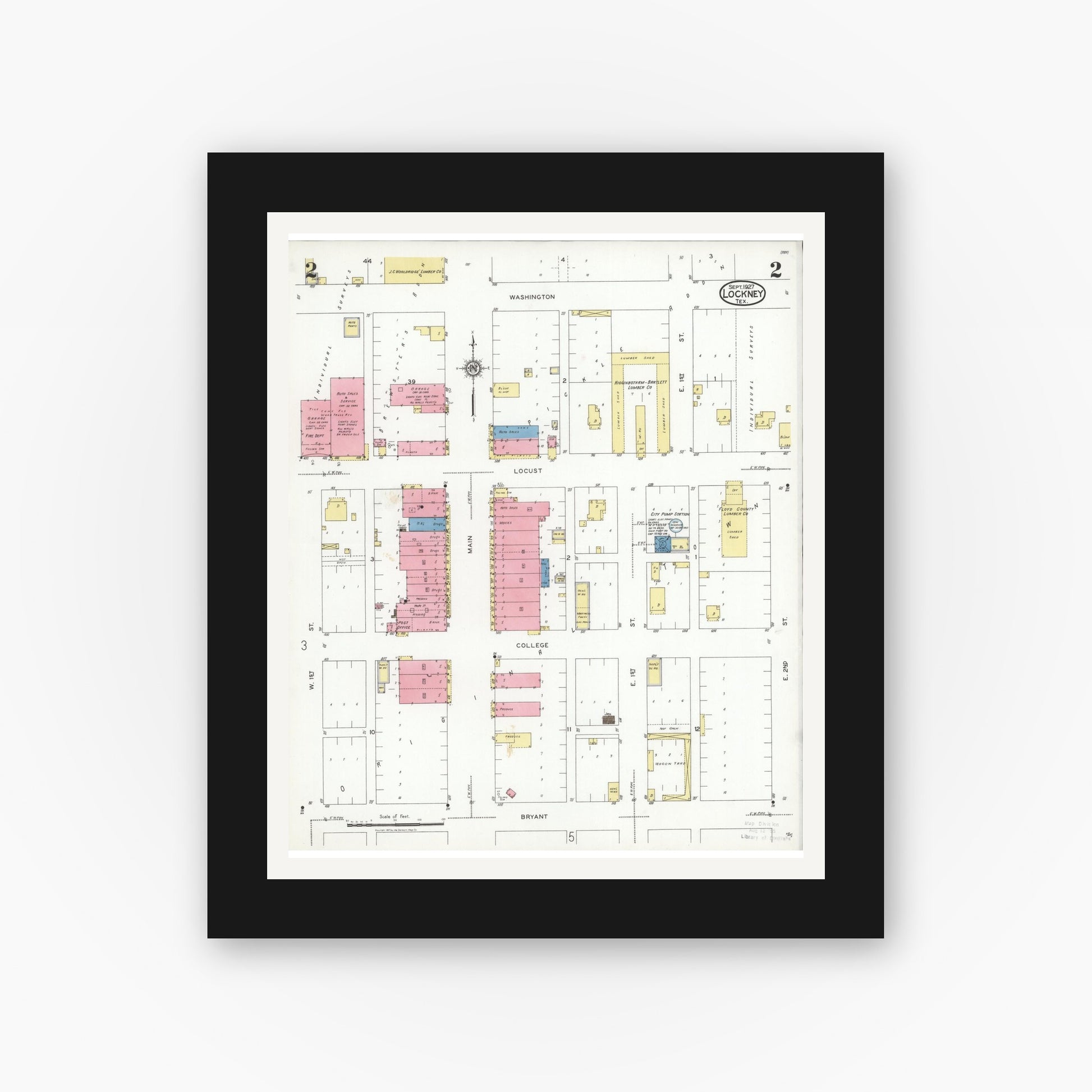 Old map wall art mockup — black gallery frame with white mat — Sanborn Fire Insurance Map from Lockney, Floyd County, Texas (1927), Sheet #0002