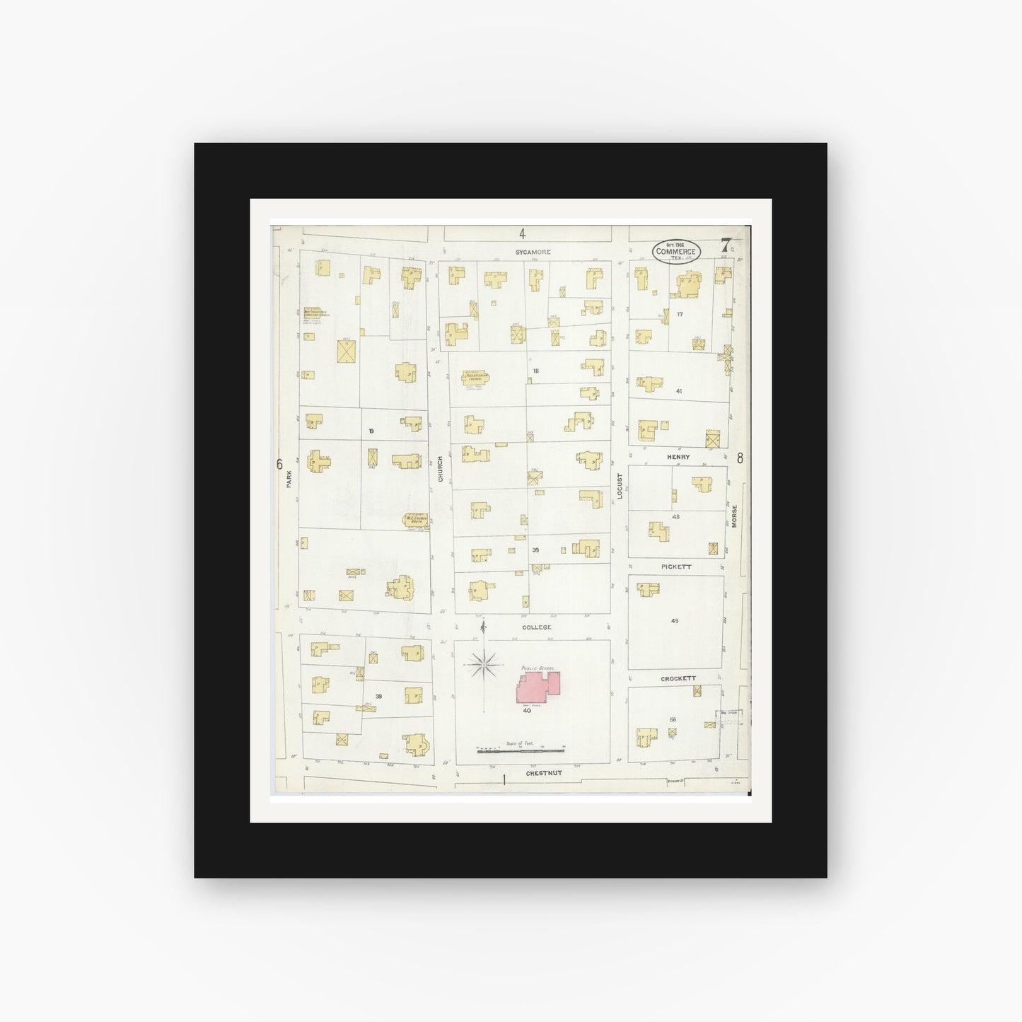 Old map wall art mockup — black gallery frame with white mat — Sanborn Fire Insurance Map from Commerce, Hunt County, Texas (1906), Sheet #0007