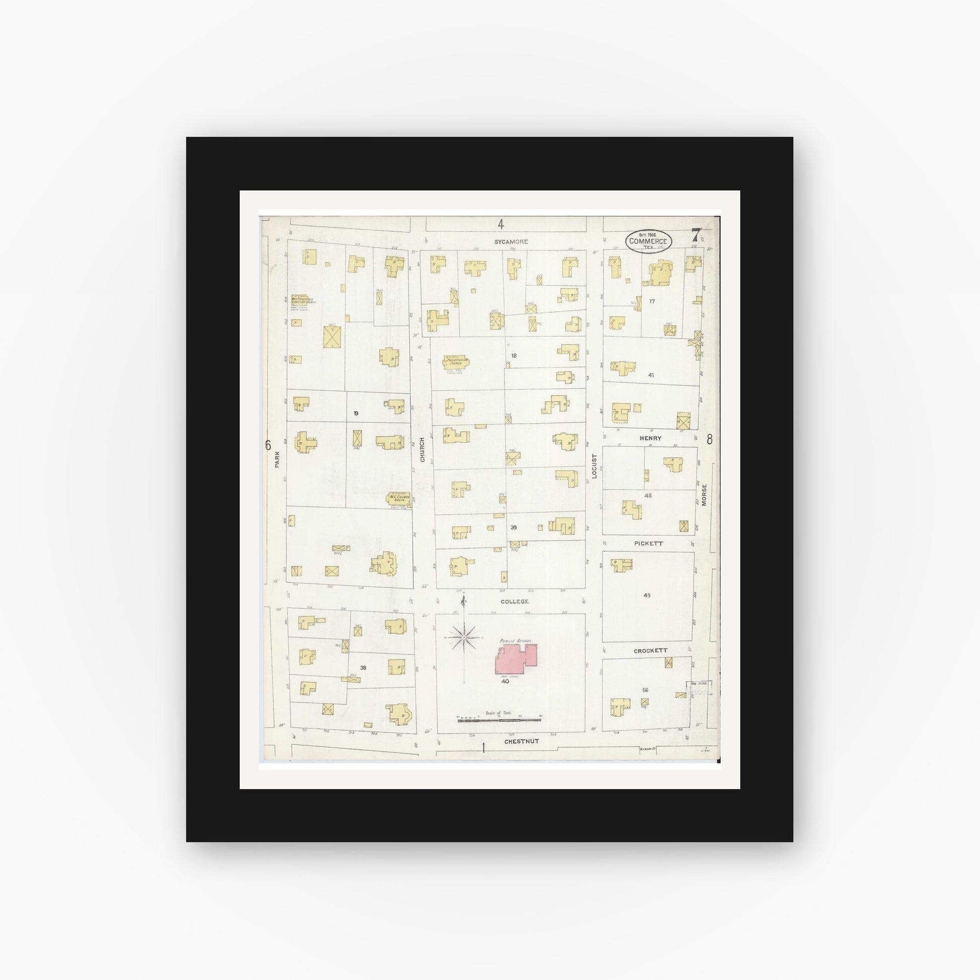Old map wall art mockup — black gallery frame with white mat — Sanborn Fire Insurance Map from Commerce, Hunt County, Texas (1906), Sheet #0007