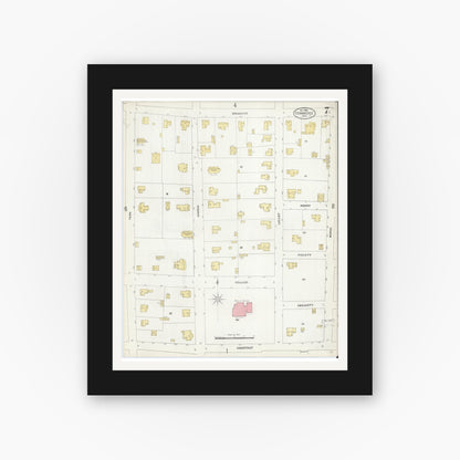 Old map wall art mockup — black gallery frame with white mat — Sanborn Fire Insurance Map from Commerce, Hunt County, Texas (1906), Sheet #0007