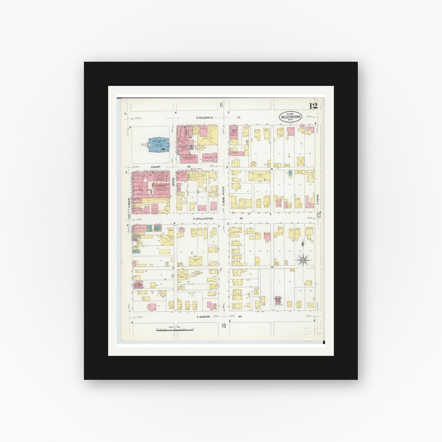 Old map wall art mockup — black gallery frame with white mat — Sanborn Fire Insurance Map from Bellefontaine, Logan County, Ohio (1907), Sheet #0012