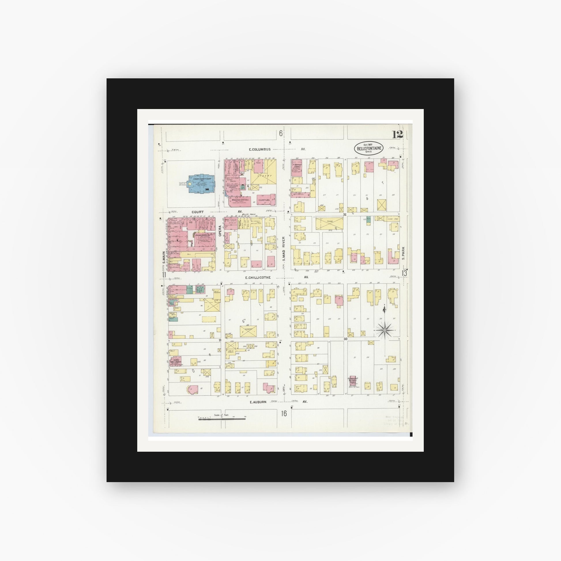 Old map wall art mockup — black gallery frame with white mat — Sanborn Fire Insurance Map from Bellefontaine, Logan County, Ohio (1907), Sheet #0012