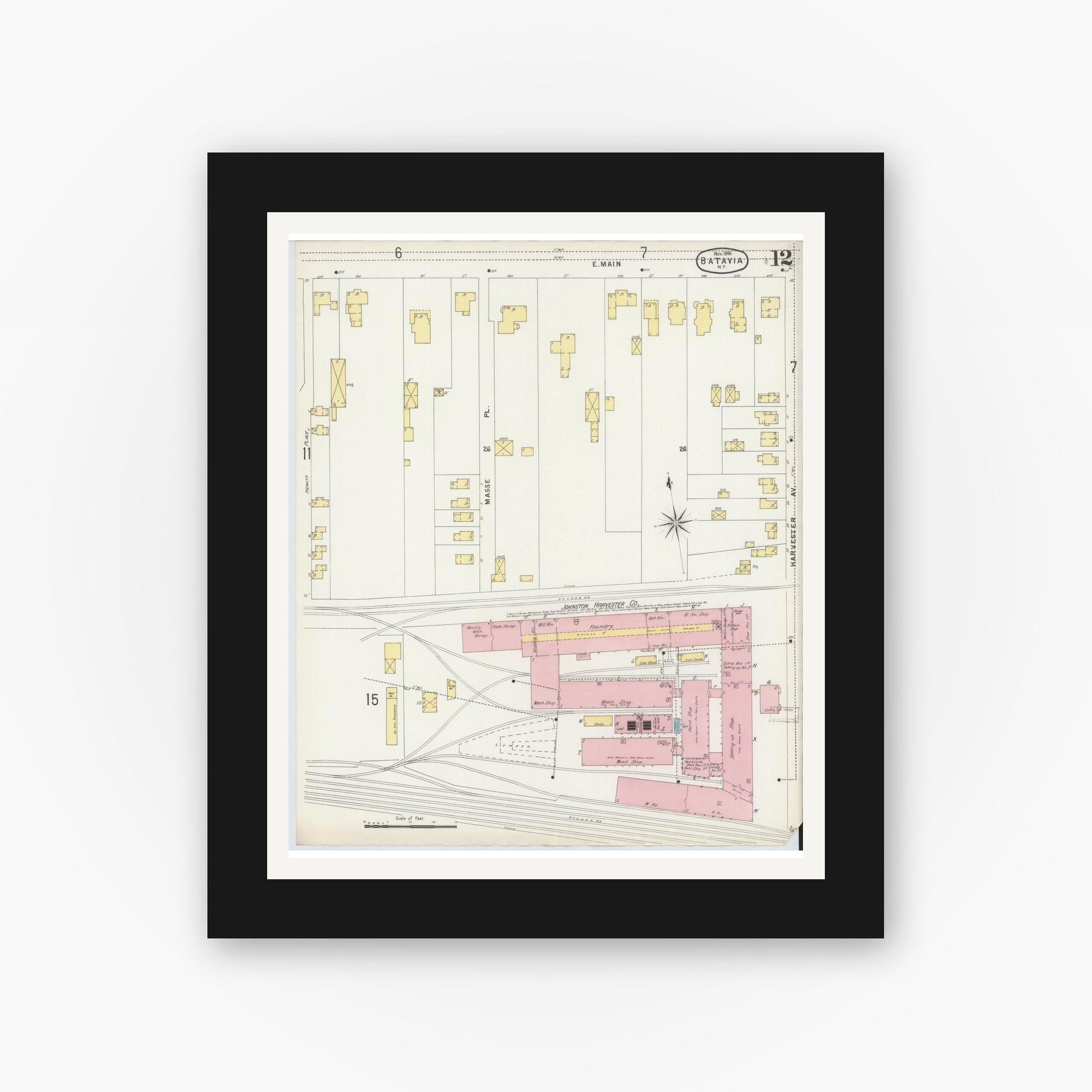 Old map wall art mockup — black gallery frame with white mat — Sanborn Fire Insurance Map from Batavia, Genesee County, New York (1896), Sheet #0012
