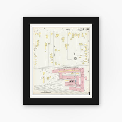 Old map wall art mockup — black gallery frame with white mat — Sanborn Fire Insurance Map from Batavia, Genesee County, New York (1896), Sheet #0012