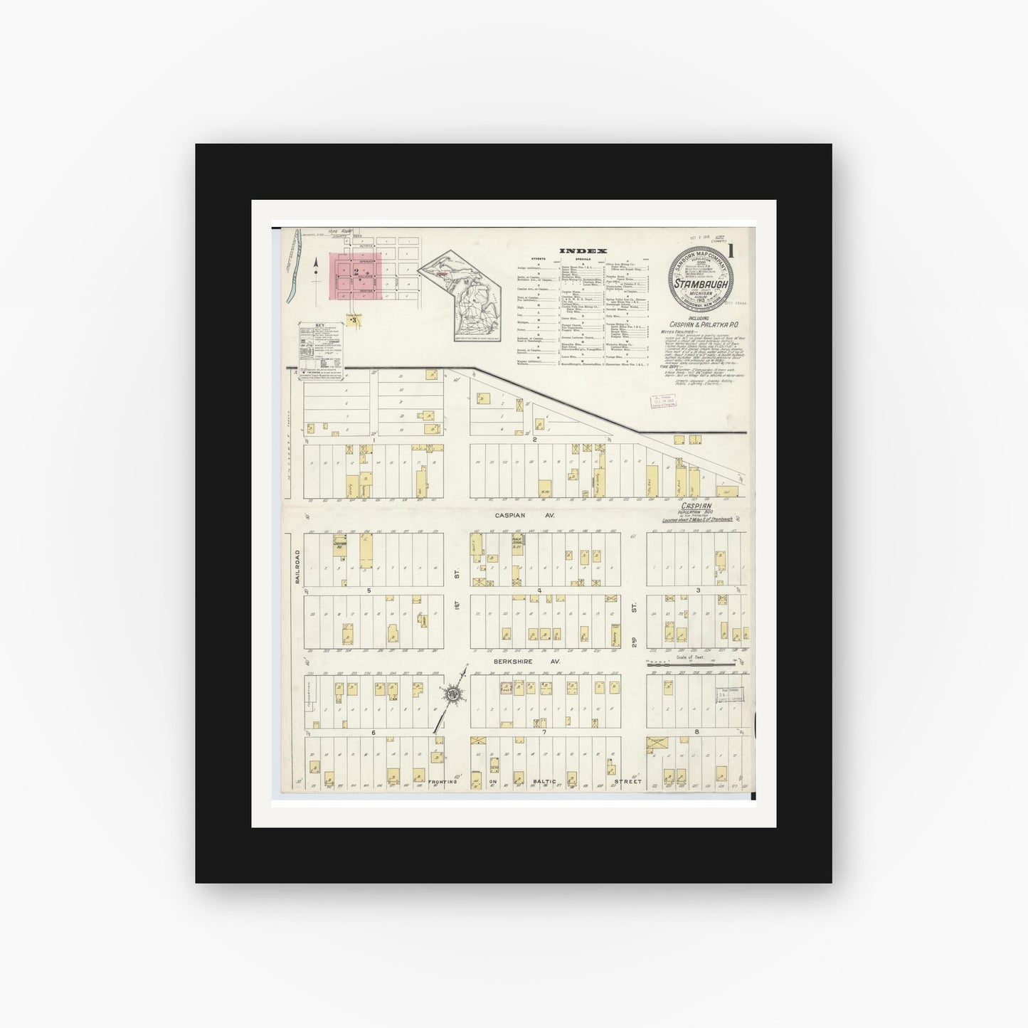 Old map wall art mockup — black gallery frame with white mat — Sanborn Fire Insurance Map from Stambaugh, Iron County, Michigan (1913) - Complete Map Set