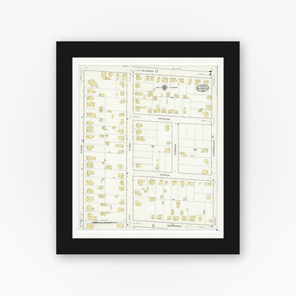 Old map wall art mockup — black gallery frame with white mat — Sanborn Fire Insurance Map from Albion, Orleans County, New York (1917), Sheet #0007