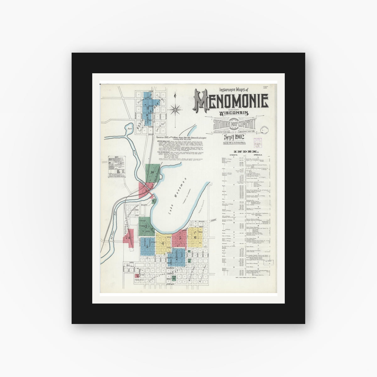 Old map wall art mockup — black gallery frame with white mat — Sanborn Fire Insurance Map from Menomonie, Dunn County, Wisconsin (1902) - Complete Map Set