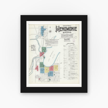 Old map wall art mockup — black gallery frame with white mat — Sanborn Fire Insurance Map from Menomonie, Dunn County, Wisconsin (1902) - Complete Map Set
