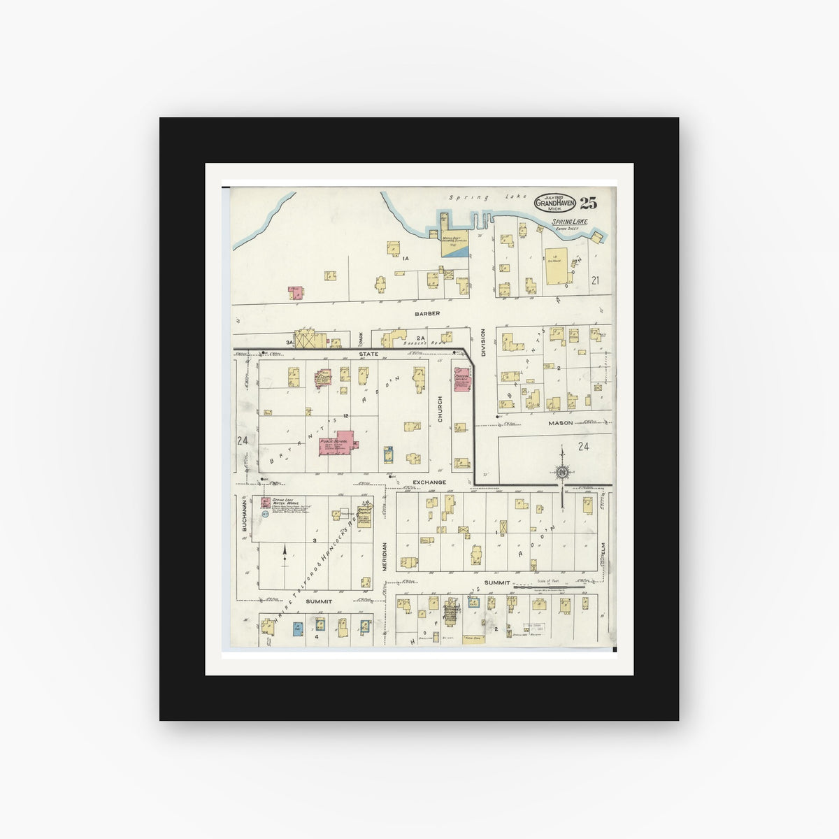 Old map wall art mockup — black gallery frame with white mat — Sanborn Fire Insurance Map from Grand Haven, Ottawa County, Michigan (1920), Sheet #0025