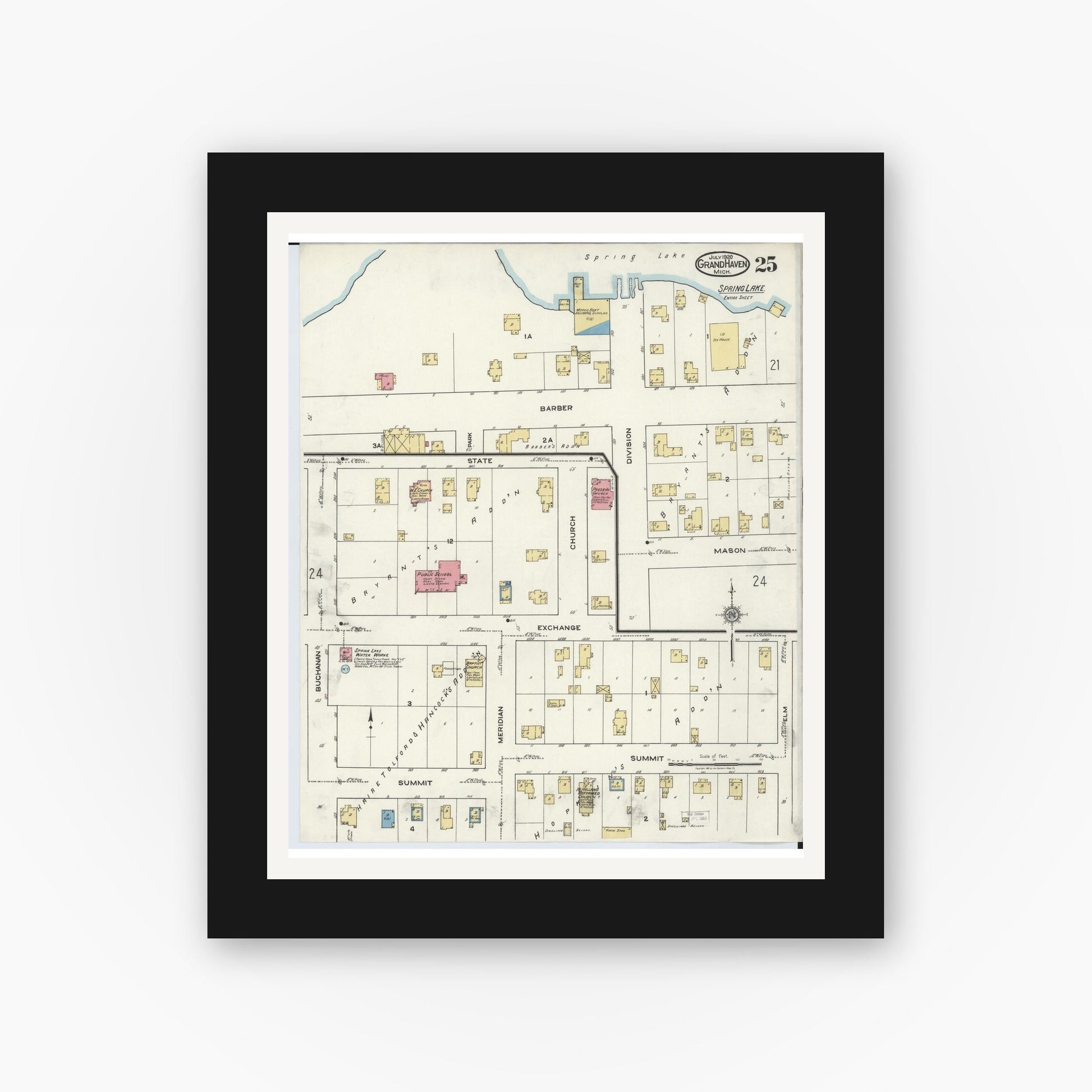 Old map wall art mockup — black gallery frame with white mat — Sanborn Fire Insurance Map from Grand Haven, Ottawa County, Michigan (1920), Sheet #0025
