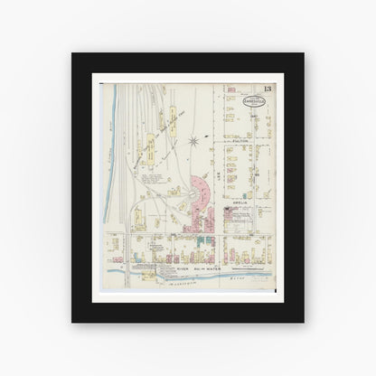 Old map wall art mockup — black gallery frame with white mat — Sanborn Fire Insurance Map from Zanesville, Muskingum County, Ohio (1886), Sheet #0013