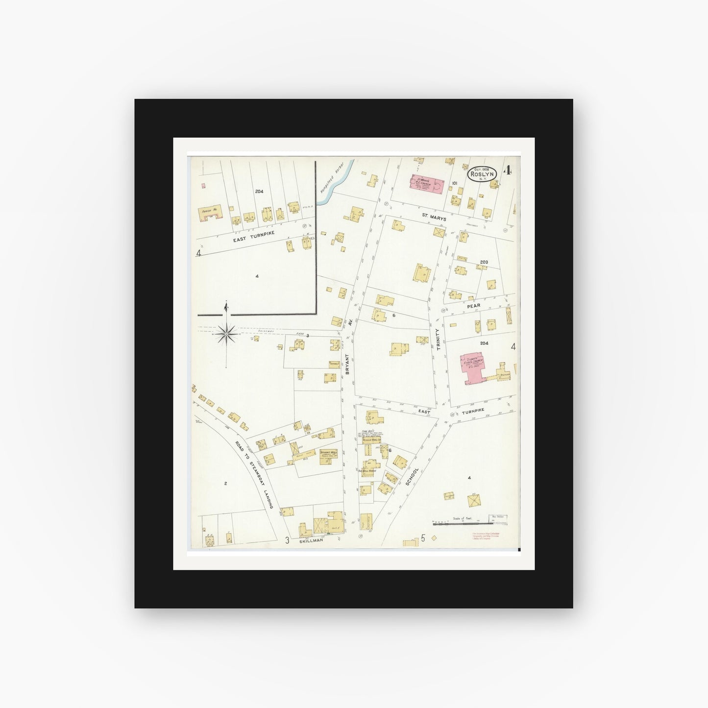 Old map wall art mockup — black gallery frame with white mat — Sanborn Fire Insurance Map from Roslyn, Nassau County, New York (1908), Sheet #0004