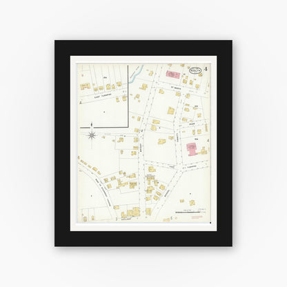 Old map wall art mockup — black gallery frame with white mat — Sanborn Fire Insurance Map from Roslyn, Nassau County, New York (1908), Sheet #0004