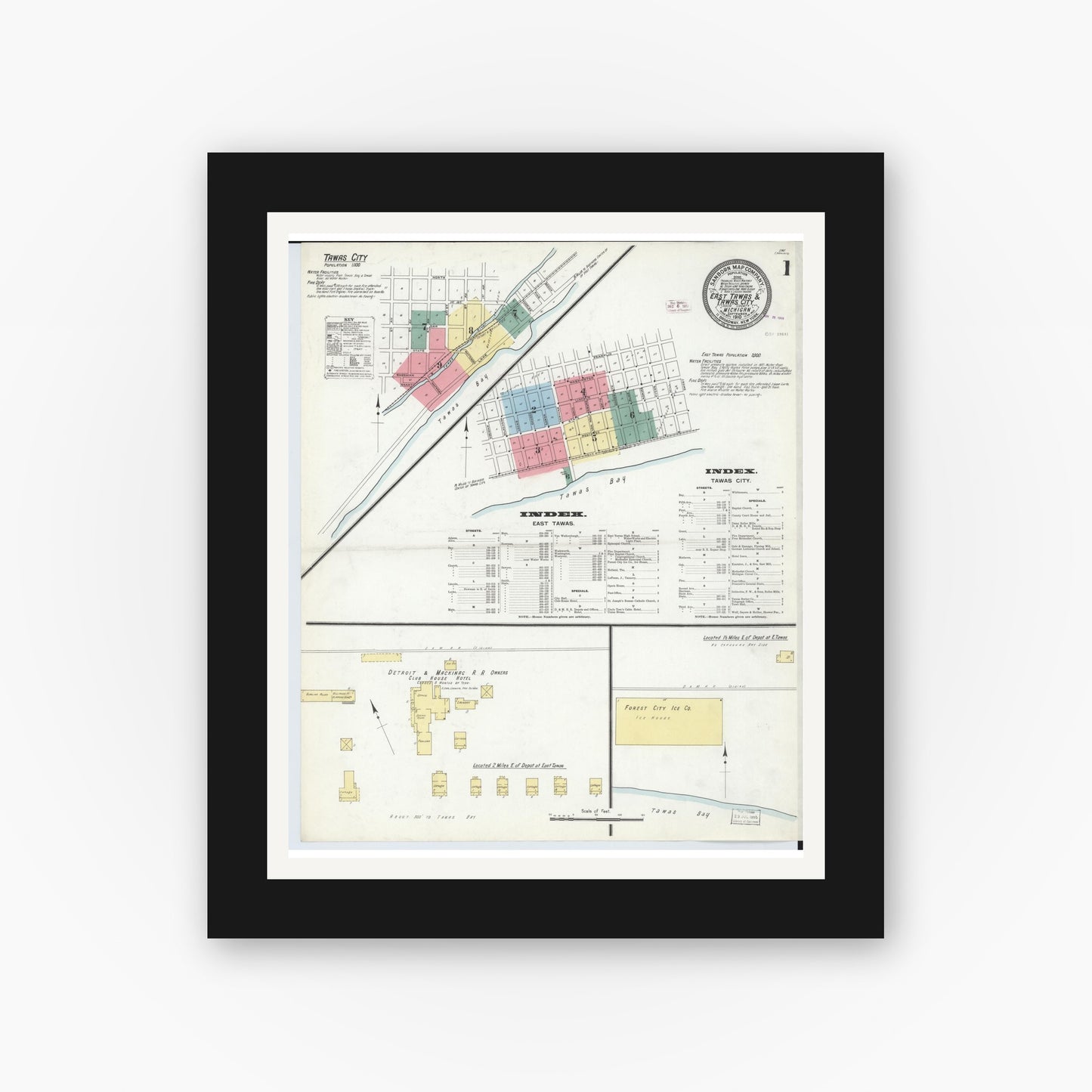 Old map wall art mockup — black gallery frame with white mat — Sanborn Fire Insurance Map from East Tawas, Iosco County, Michigan (1910), Sheet #0001