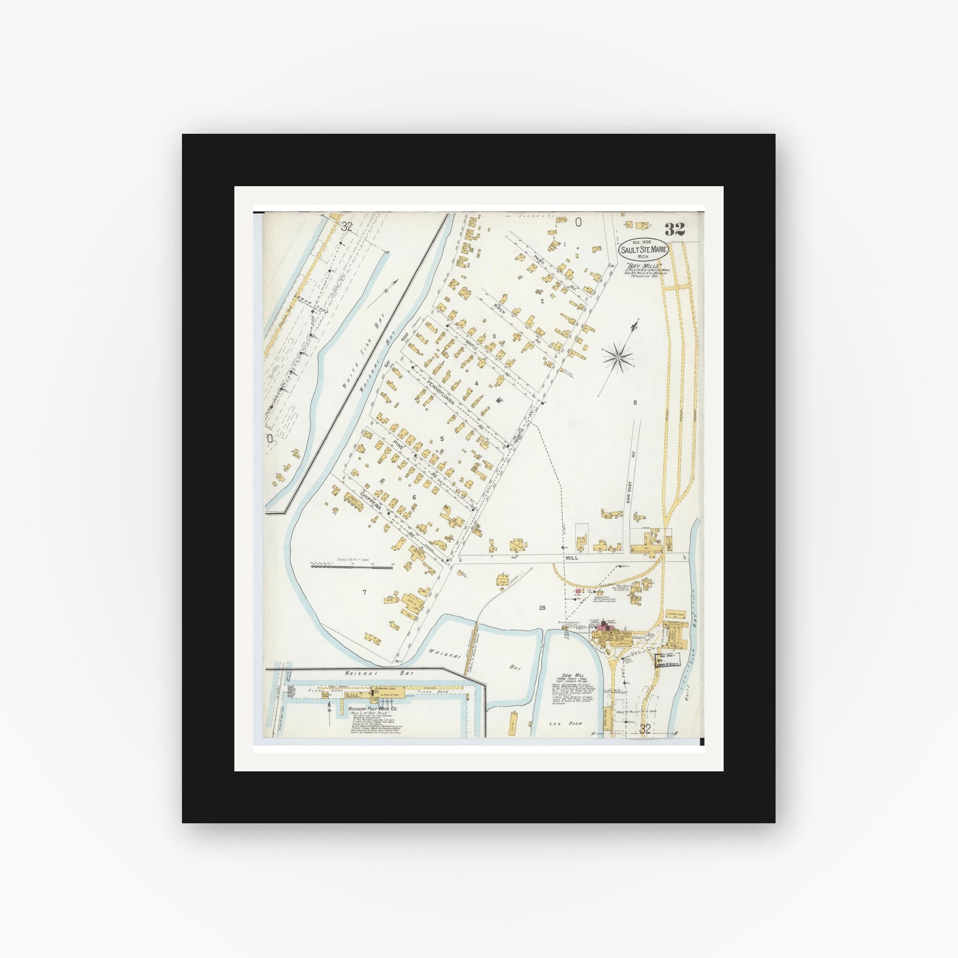 Old map wall art mockup — black gallery frame with white mat — Sanborn Fire Insurance Map from Sault Sainte Marie, Chippewa County, Michigan (1906), Sheet #0032