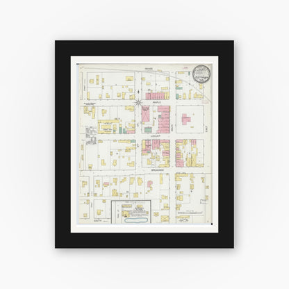 Old map wall art mockup — black gallery frame with white mat — Sanborn Fire Insurance Map from Plattsburg, Clinton County, Missouri (1892), Sheet #0001