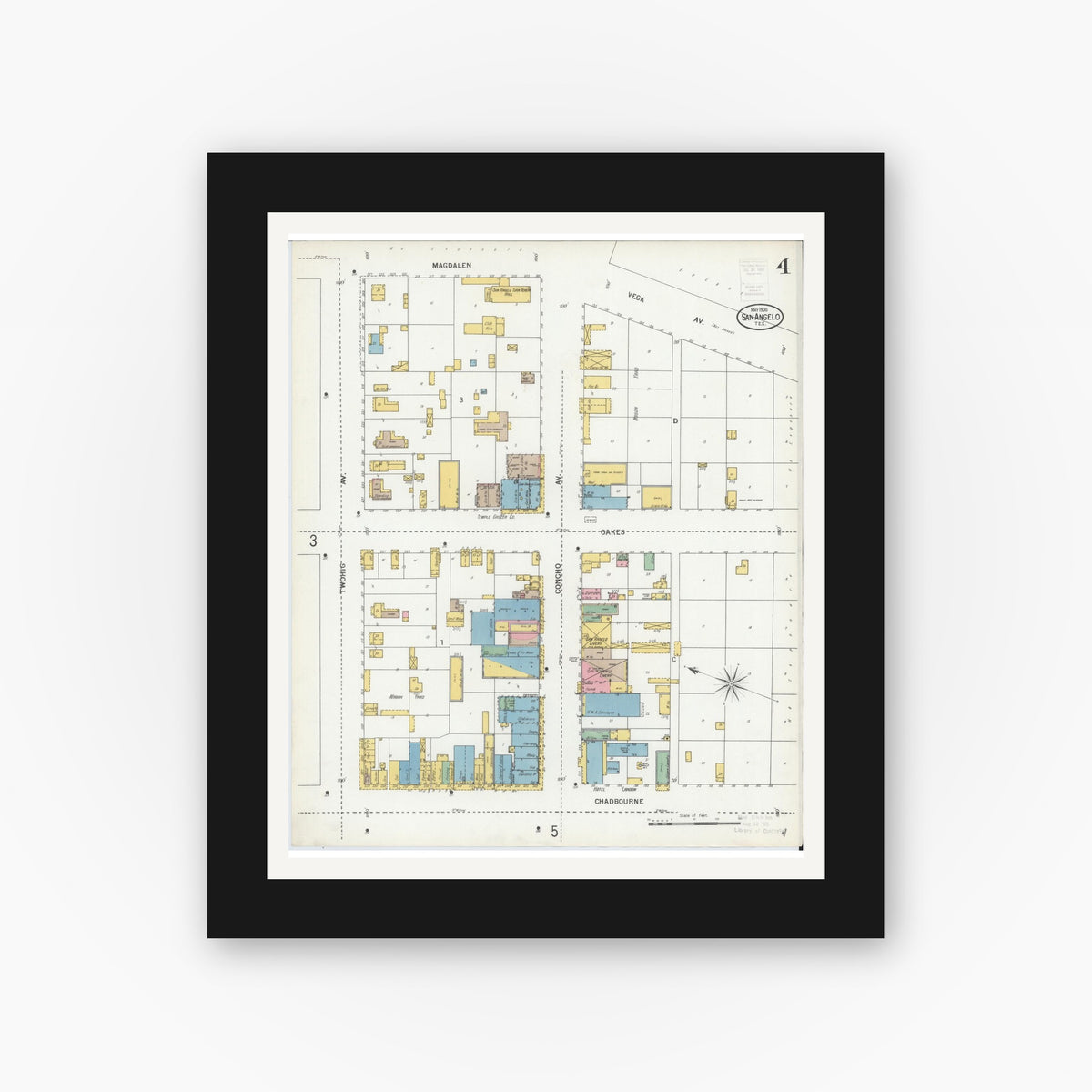 Old map wall art mockup — black gallery frame with white mat — Sanborn Fire Insurance Map from San Angelo, Tom Green County, Texas (1900), Sheet #0004