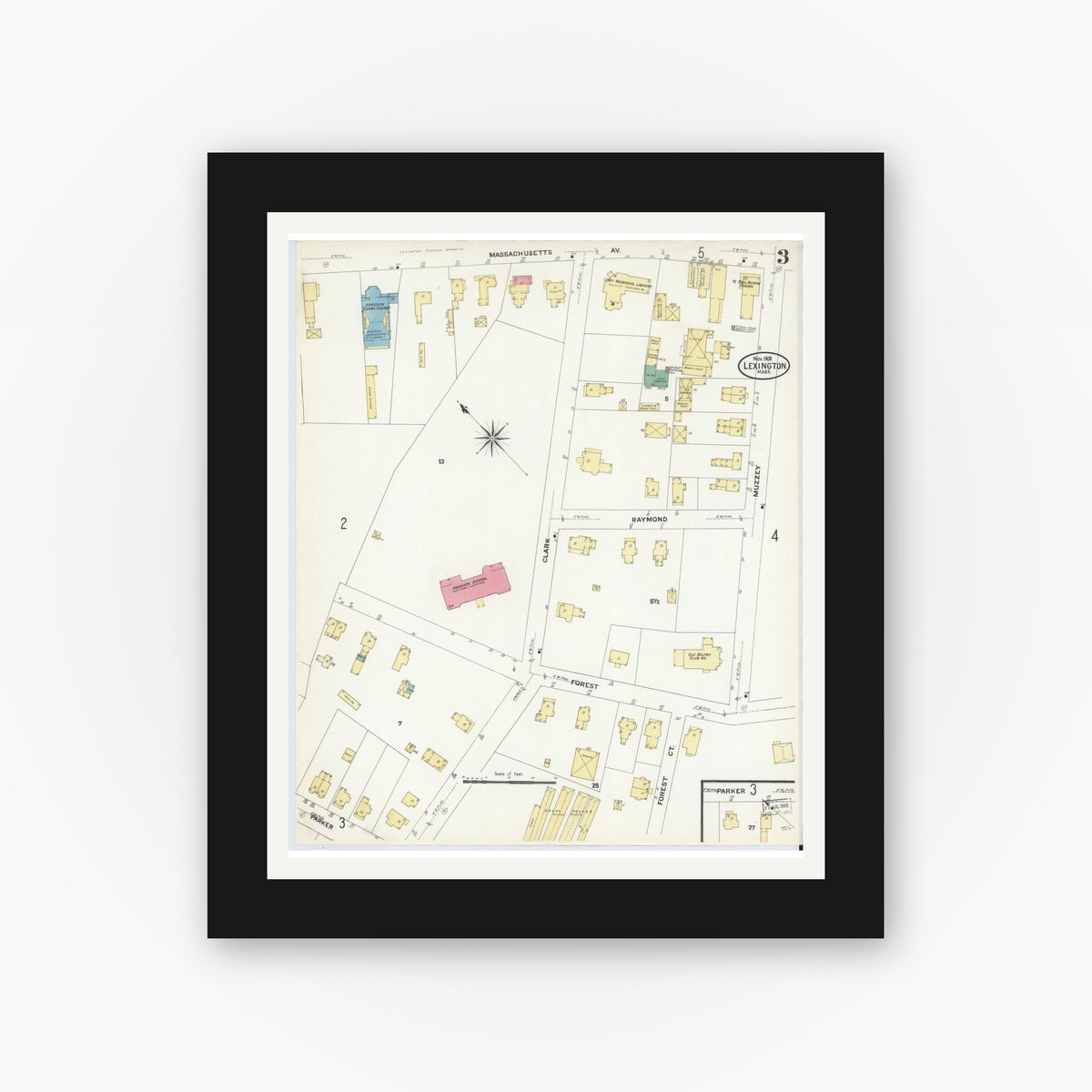 Old map wall art mockup — black gallery frame with white mat — Sanborn Fire Insurance Map from Lexington, Middlesex County, Massachusetts (1908), Sheet #0003