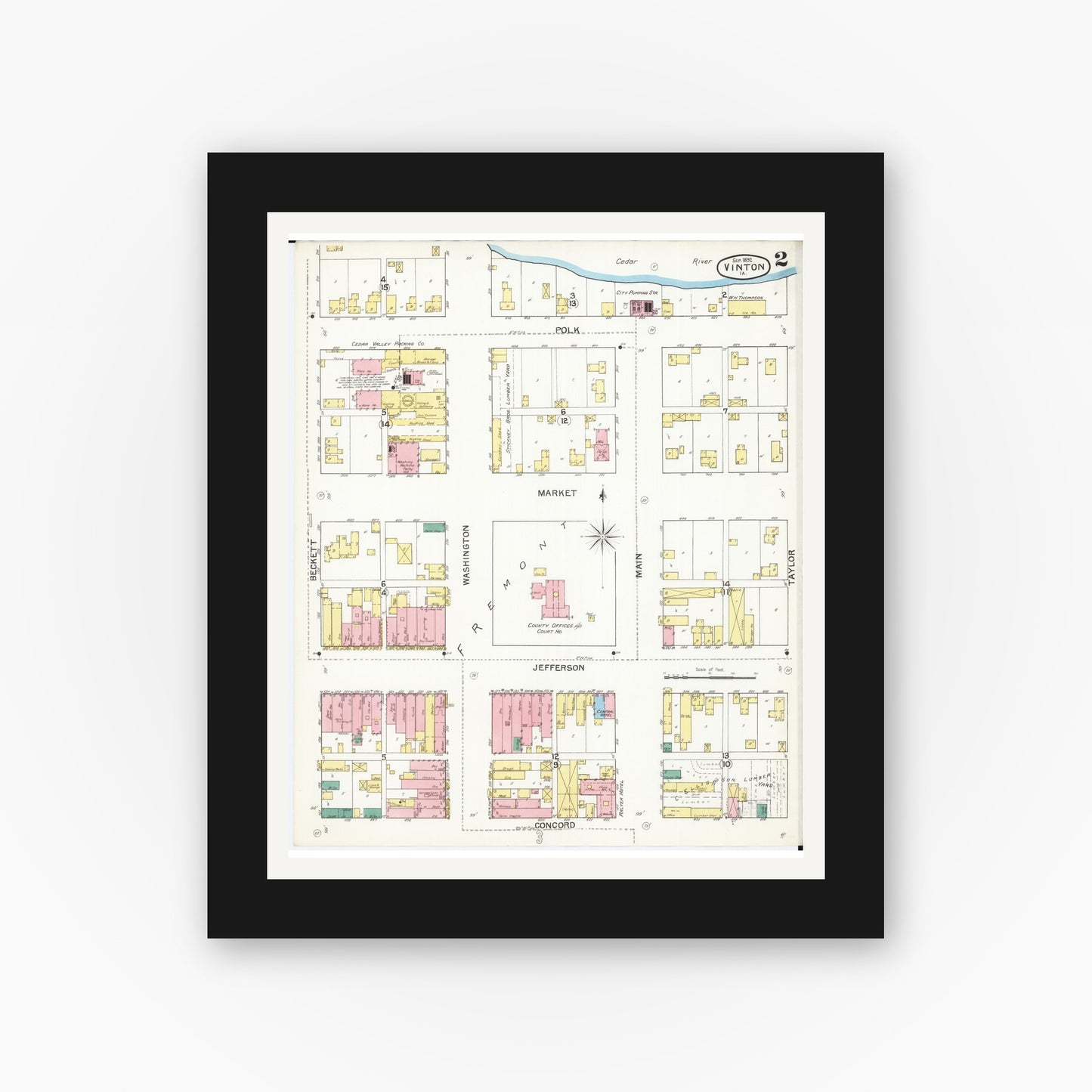 Old map wall art mockup — black gallery frame with white mat — Sanborn Fire Insurance Map from Vinton, Benton County, Iowa (1892), Sheet #0002