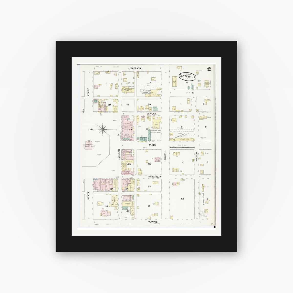 Old map wall art mockup — black gallery frame with white mat — Sanborn Fire Insurance Map from Centerville, Appanoose County, Iowa (1888), Sheet #0002