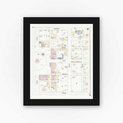 Old map wall art mockup — black gallery frame with white mat — Sanborn Fire Insurance Map from Centerville, Appanoose County, Iowa (1888), Sheet #0002
