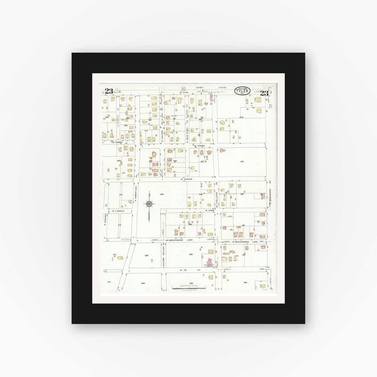 Old map wall art mockup — black gallery frame with white mat — Sanborn Fire Insurance Map from Tyler, Smith County, Texas (1928), Sheet #0023