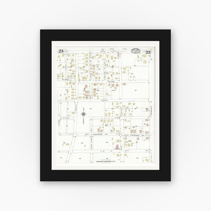 Old map wall art mockup — black gallery frame with white mat — Sanborn Fire Insurance Map from Tyler, Smith County, Texas (1928), Sheet #0023