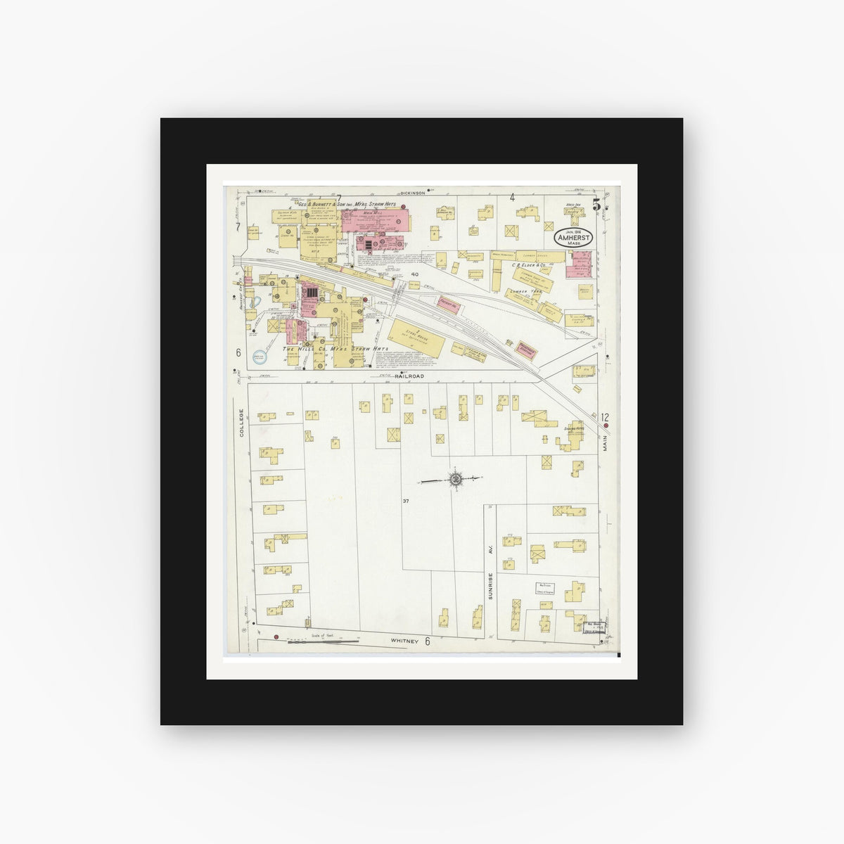 Old map wall art mockup — black gallery frame with white mat — Sanborn Fire Insurance Map from Amherst, Hampshire County, Massachusetts (1916), Sheet #0005