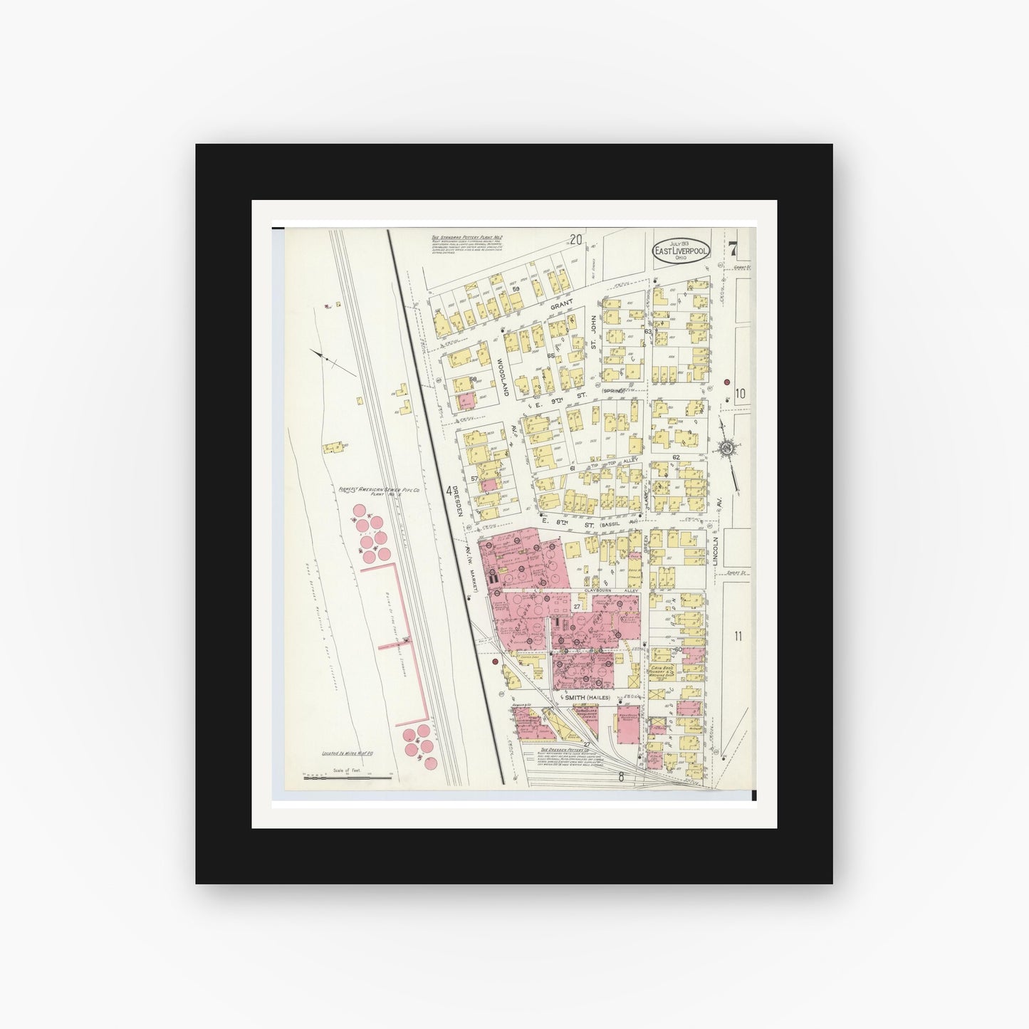 Old map wall art mockup — black gallery frame with white mat — Sanborn Fire Insurance Map from East Liverpool, Columbiana County, Ohio (1913), Sheet #0007
