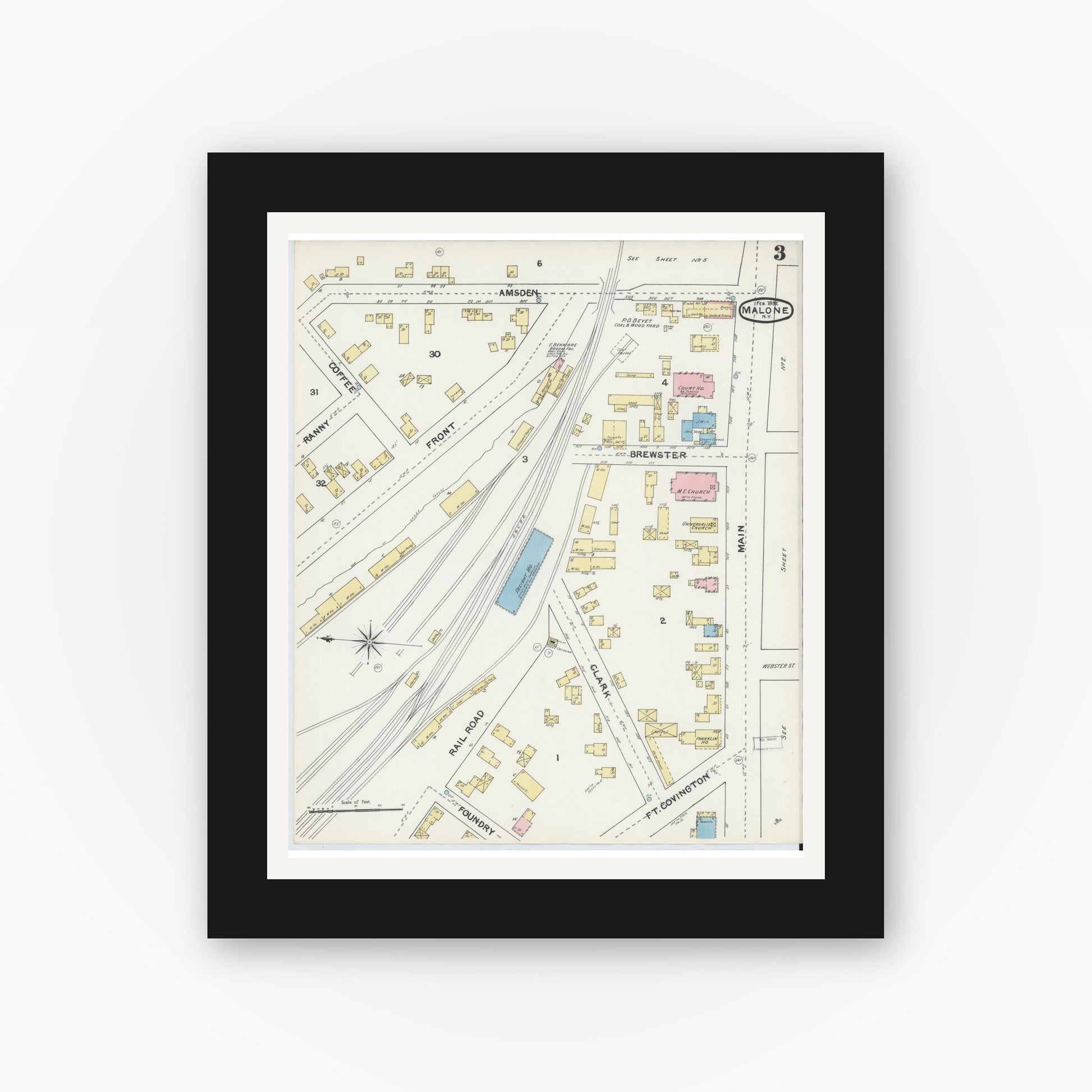 Old map wall art mockup — black gallery frame with white mat — Sanborn Fire Insurance Map from Malone, Franklin County, New York (1892), Sheet #0003